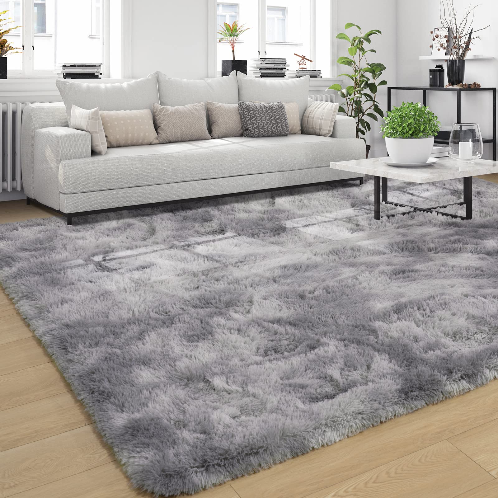 QXKAKA Shag Tie Dye Grey 8x10 Area Rug for Living Room, Large Fluffy Soft Thick Bedroom Modern Carpet, Washable Indoor Gray Rug for Kids Boy and Girls Room Dorm Home Decor Aesthetic