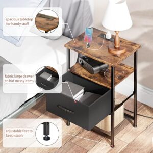 LAKEMID Nightstands Set of 2 with Charging Station and Drawer, End Table Bedside Table with 20 Colors LED Light Strip and 2 Layers Shelf for Bedroom Living Room Sofa (Rustic Brown)