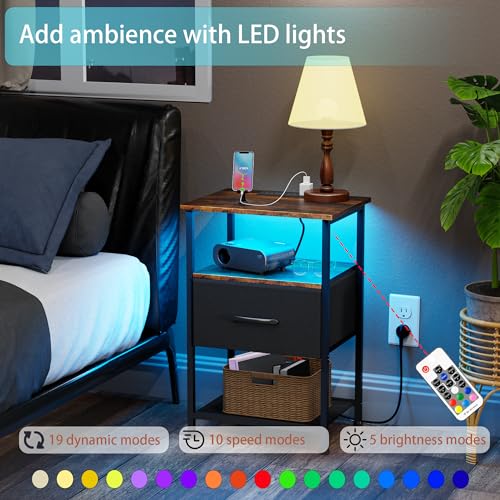 LAKEMID Nightstands Set of 2 with Charging Station and Drawer, End Table Bedside Table with 20 Colors LED Light Strip and 2 Layers Shelf for Bedroom Living Room Sofa (Rustic Brown)