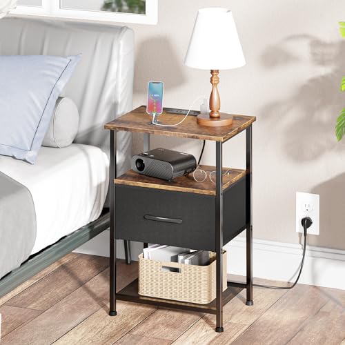 LAKEMID Nightstands Set of 2 with Charging Station and Drawer, End Table Bedside Table with 20 Colors LED Light Strip and 2 Layers Shelf for Bedroom Living Room Sofa (Rustic Brown)