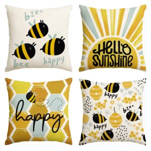 AVOIN colorlife Bee Happy Hello Sunshine Throw Pillow Covers, 18 x 18 Inch Honeycomb Sunshine Summer Cushion Case for Sofa Couch Set of 4