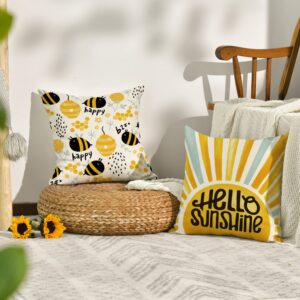 AVOIN colorlife Bee Happy Hello Sunshine Throw Pillow Covers, 18 x 18 Inch Honeycomb Sunshine Summer Cushion Case for Sofa Couch Set of 4