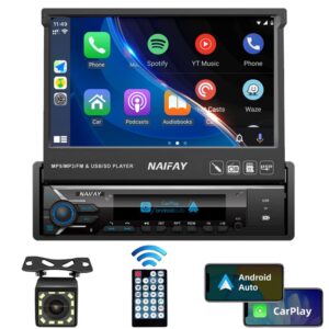 naifay single din touchscreen car stereo with carplay & android auto, 7inch flip out screen car stereo with bluetooth car audio receivers, backup camera, fm radio/mirror link/usb/aux/tf/subwoofer