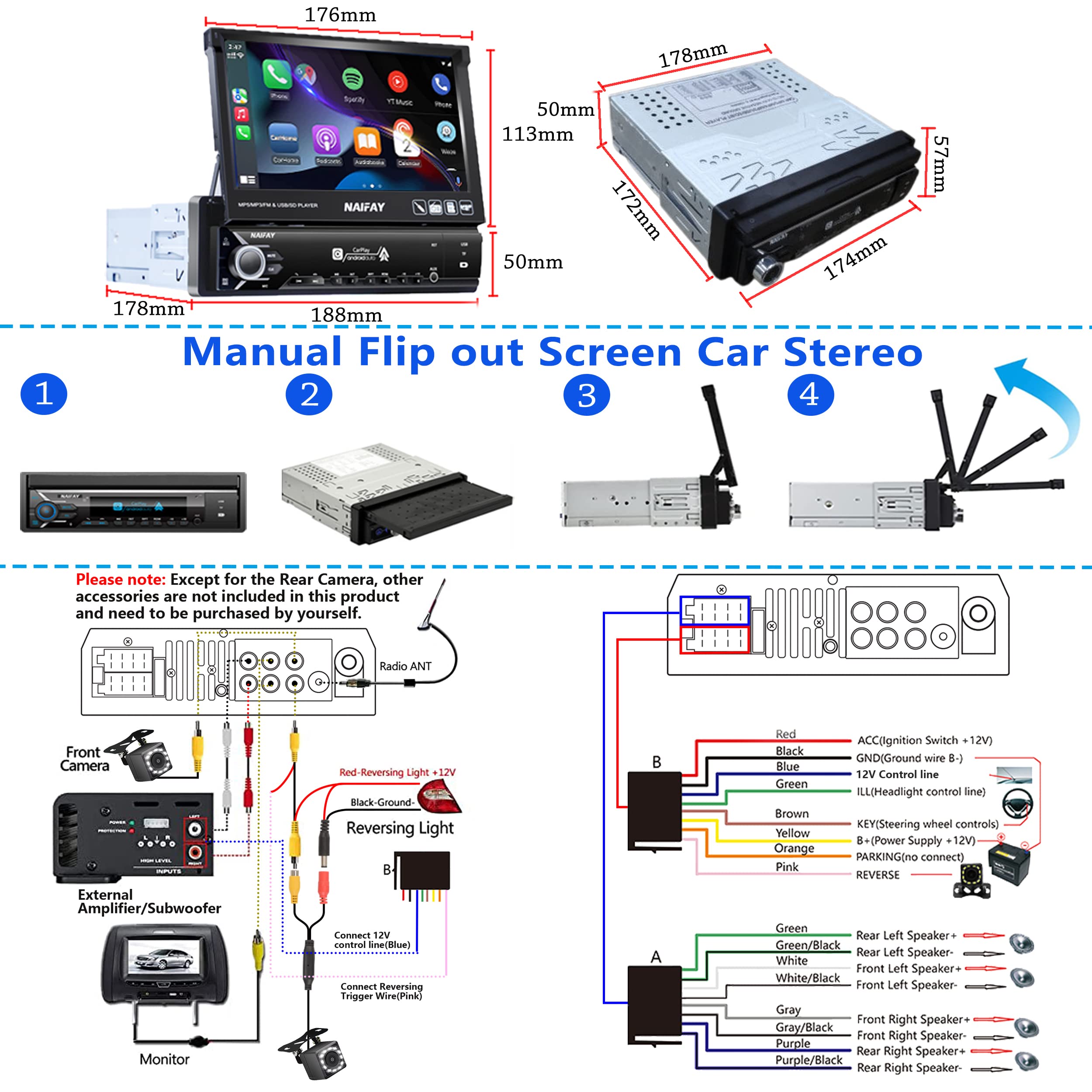 Naifay Single Din Touchscreen Car Stereo with Carplay & Android Auto, 7inch Flip Out Screen Car Stereo with Bluetooth Car Audio Receivers, Backup Camera, FM Radio/Mirror Link/USB/AUX/TF/Subwoofer