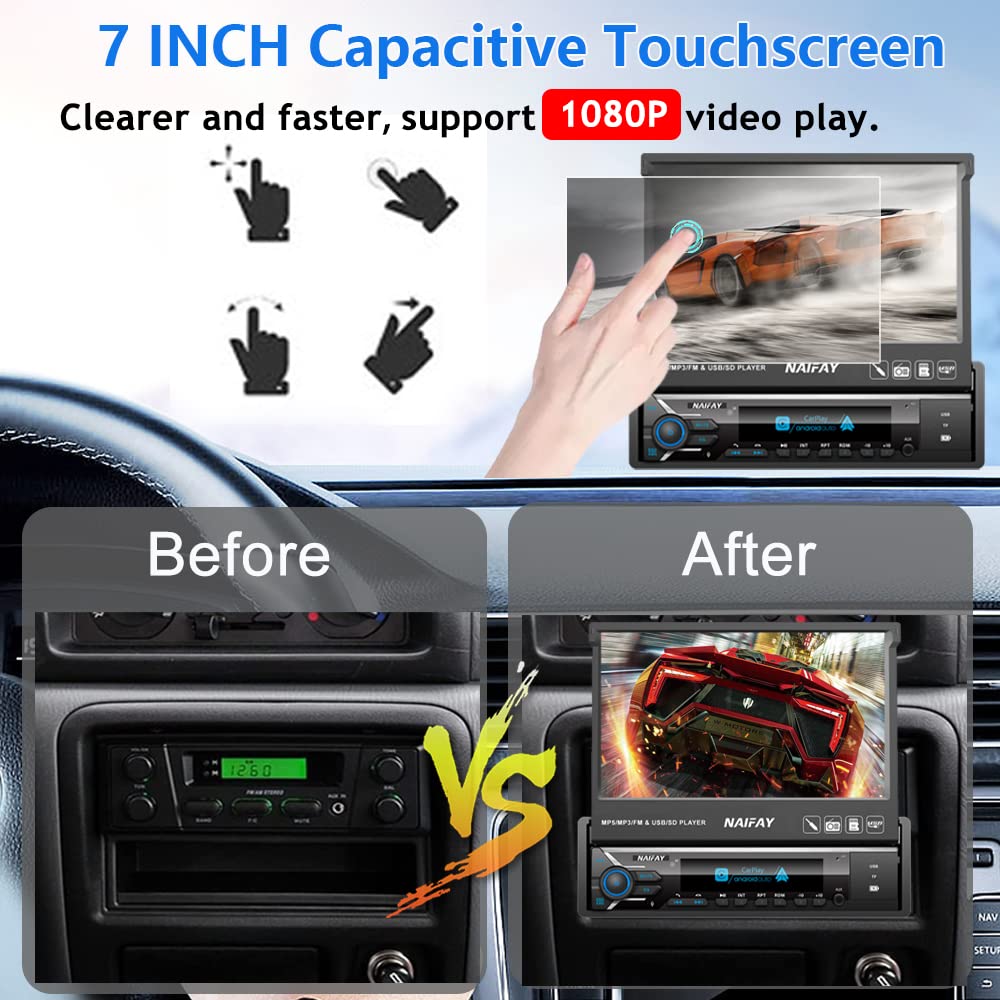 Naifay Single Din Touchscreen Car Stereo with Carplay & Android Auto, 7inch Flip Out Screen Car Stereo with Bluetooth Car Audio Receivers, Backup Camera, FM Radio/Mirror Link/USB/AUX/TF/Subwoofer