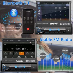 Naifay Single Din Touchscreen Car Stereo with Carplay & Android Auto, 7inch Flip Out Screen Car Stereo with Bluetooth Car Audio Receivers, Backup Camera, FM Radio/Mirror Link/USB/AUX/TF/Subwoofer