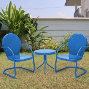 ricnod patio bistro set retro metal outdoor seating conversation 6 pieces, 4 c-spring motion armchairs and 2 round side table, for porch, lawn, garden, blue