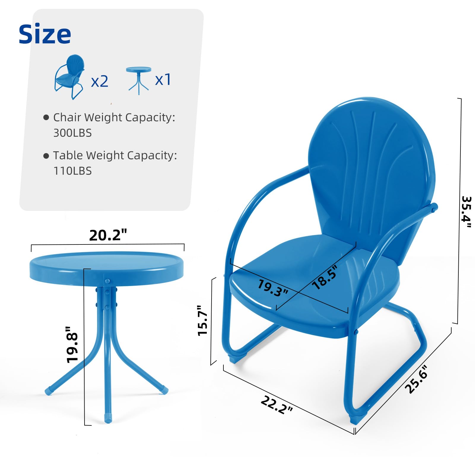 RICNOD Patio Bistro Set Retro Metal Outdoor Seating Conversation 6 Pieces, 4 C-Spring Motion Armchairs and 2 Round Side Table, for Porch, Lawn, Garden, Blue