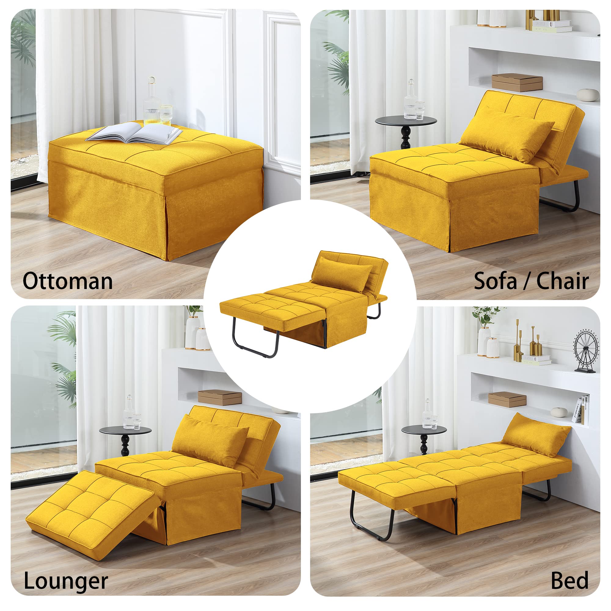 Sofa Bed, 4 in 1 Multi-Function Folding Ottoman Breathable Linen Couch Bed with Adjustable Backrest Modern Convertible Chair for Living Room Apartment Office, Yellow