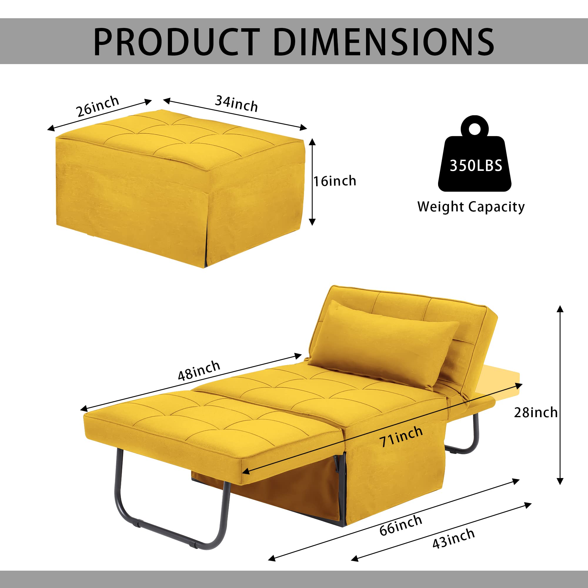 Sofa Bed, 4 in 1 Multi-Function Folding Ottoman Breathable Linen Couch Bed with Adjustable Backrest Modern Convertible Chair for Living Room Apartment Office, Yellow