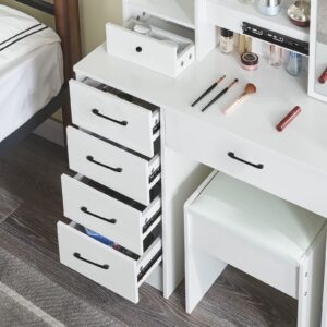 Vanity Set Dressing Table with Makeup Mirror & 10 Light Bulbs, White Vanity Table with Drawers & Cushioned Stool for Bedroom Modern (H3056)