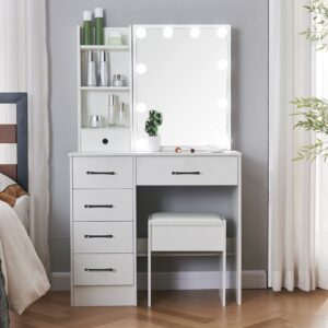 Vanity Set Dressing Table with Makeup Mirror & 10 Light Bulbs, White Vanity Table with Drawers & Cushioned Stool for Bedroom Modern (H3056)