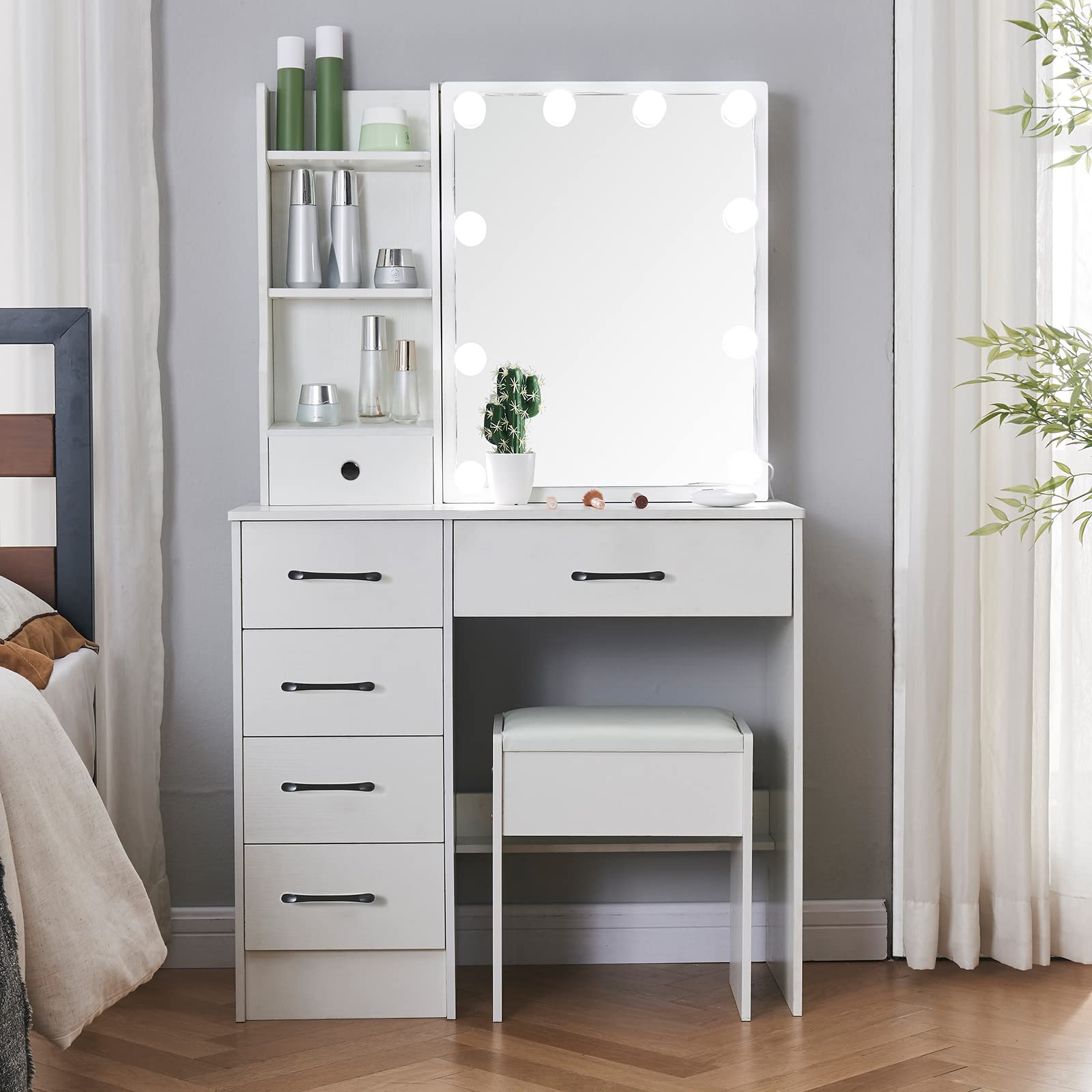 Vanity Set Dressing Table with Makeup Mirror & 10 Light Bulbs, White Vanity Table with Drawers & Cushioned Stool for Bedroom Modern (H3056)