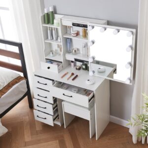 Vanity Set Dressing Table with Makeup Mirror & 10 Light Bulbs, White Vanity Table with Drawers & Cushioned Stool for Bedroom Modern (H3056)