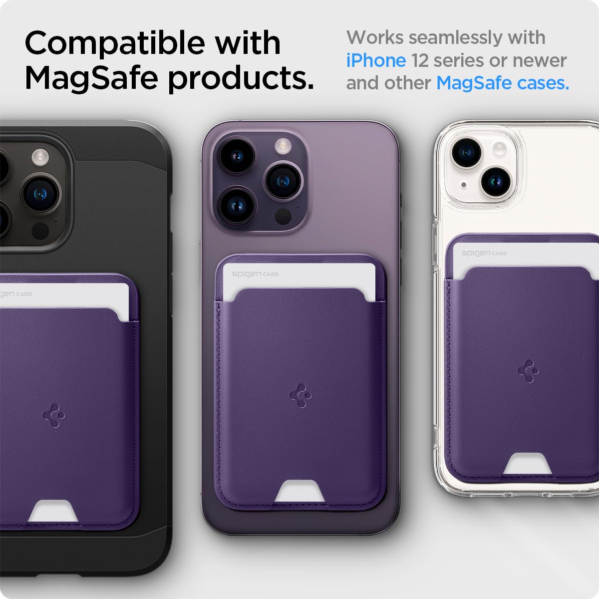 Spigen Magnetic Wallet Card Holder Designed for MagSafe Compatible with iPhone 15, iPhone 14, iPhone 13, iPhone 12 Models - PU Purple (3-Cards)