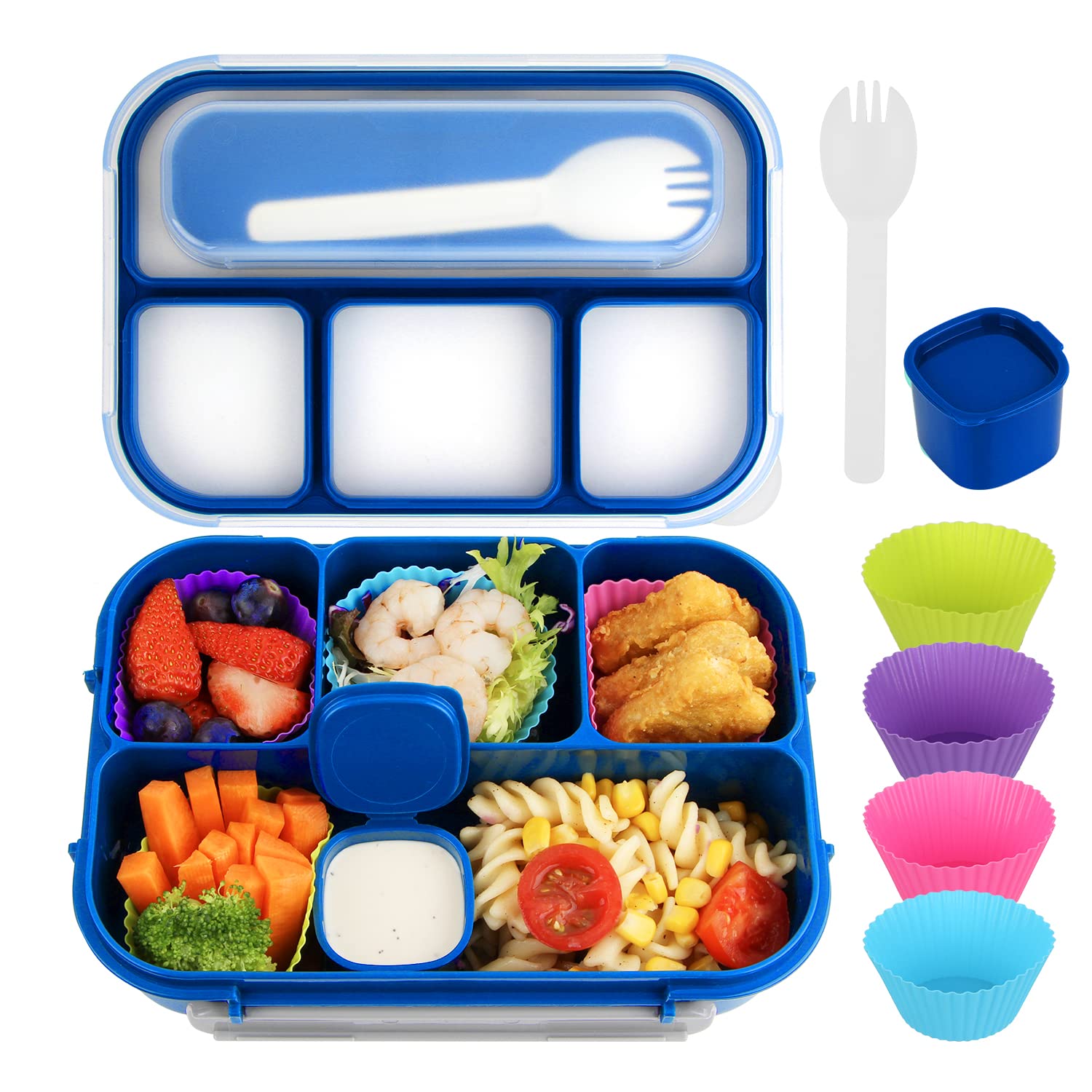 MaMix Bento Lunch Box Adult Box, Kids, Containers for Adults/Kids/Students,1300ML-4 Compartment (bright blue)