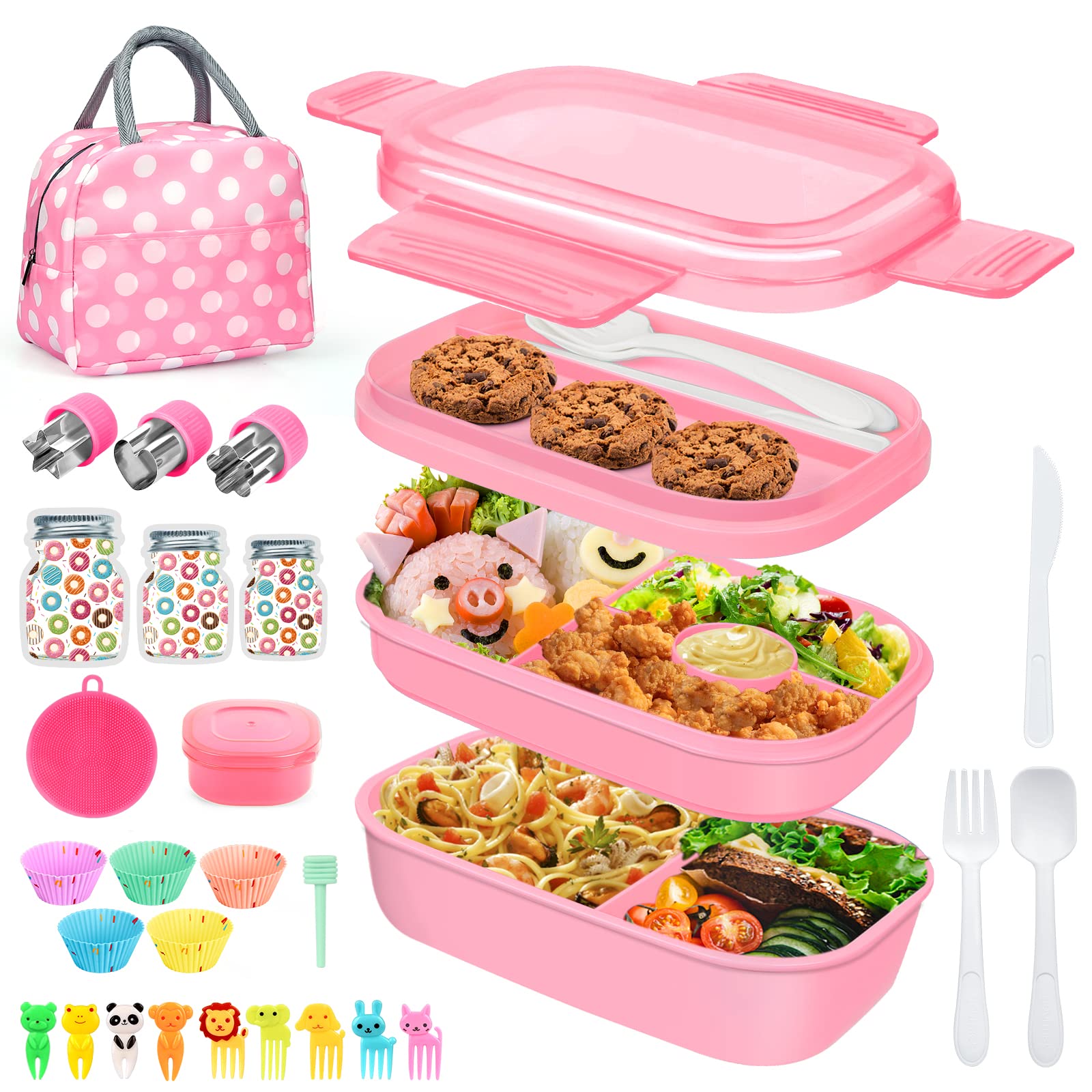 LEITAO 29 Packs Bento Box Kids Adult Lunch Box 1900ML 3 Layer Stackable Lunch Box with Lunch Bag, Multiple Compartments Bento Box With Built-in Utensil Set, DIY Accessories, Bags (Pink)