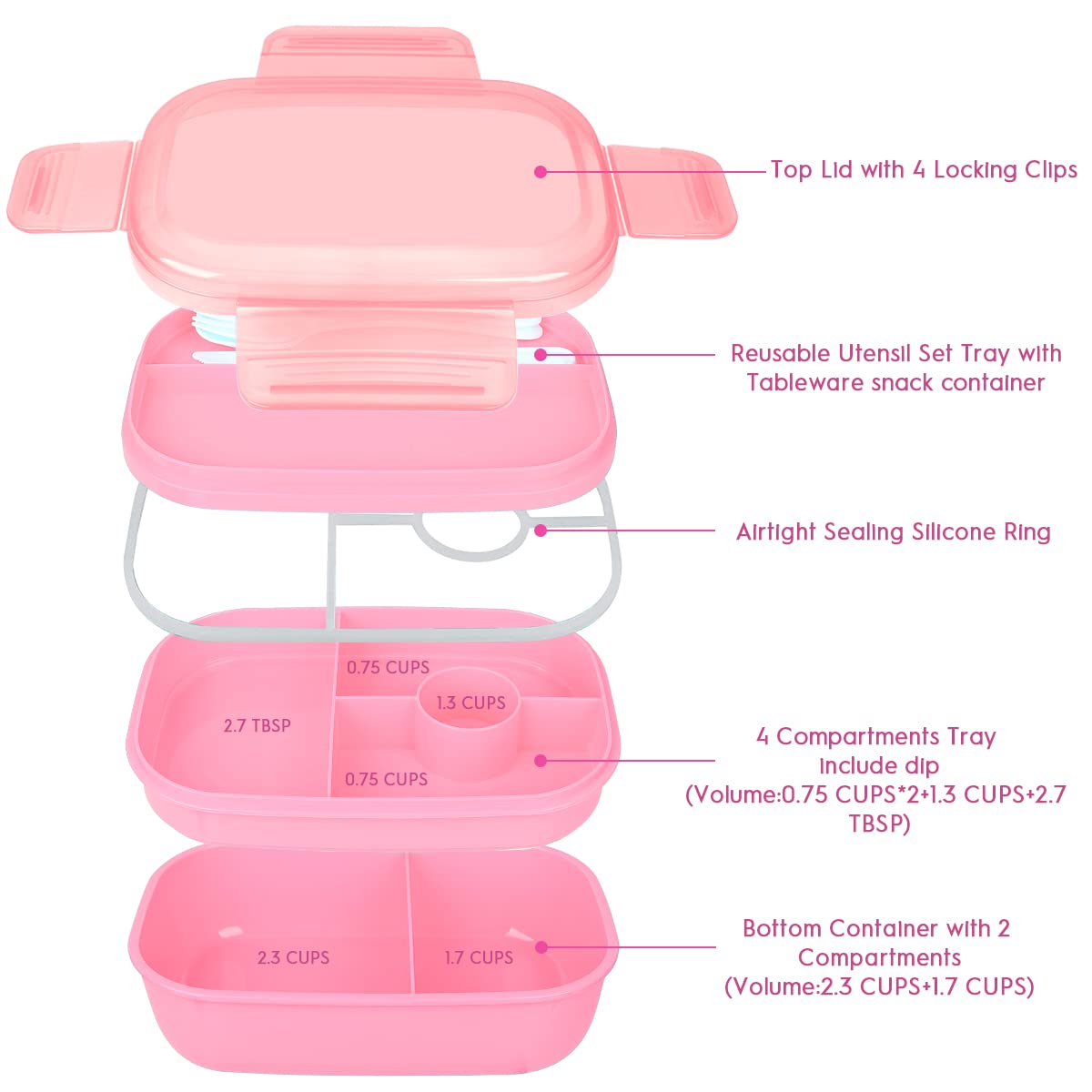 LEITAO 29 Packs Bento Box Kids Adult Lunch Box 1900ML 3 Layer Stackable Lunch Box with Lunch Bag, Multiple Compartments Bento Box With Built-in Utensil Set, DIY Accessories, Bags (Pink)