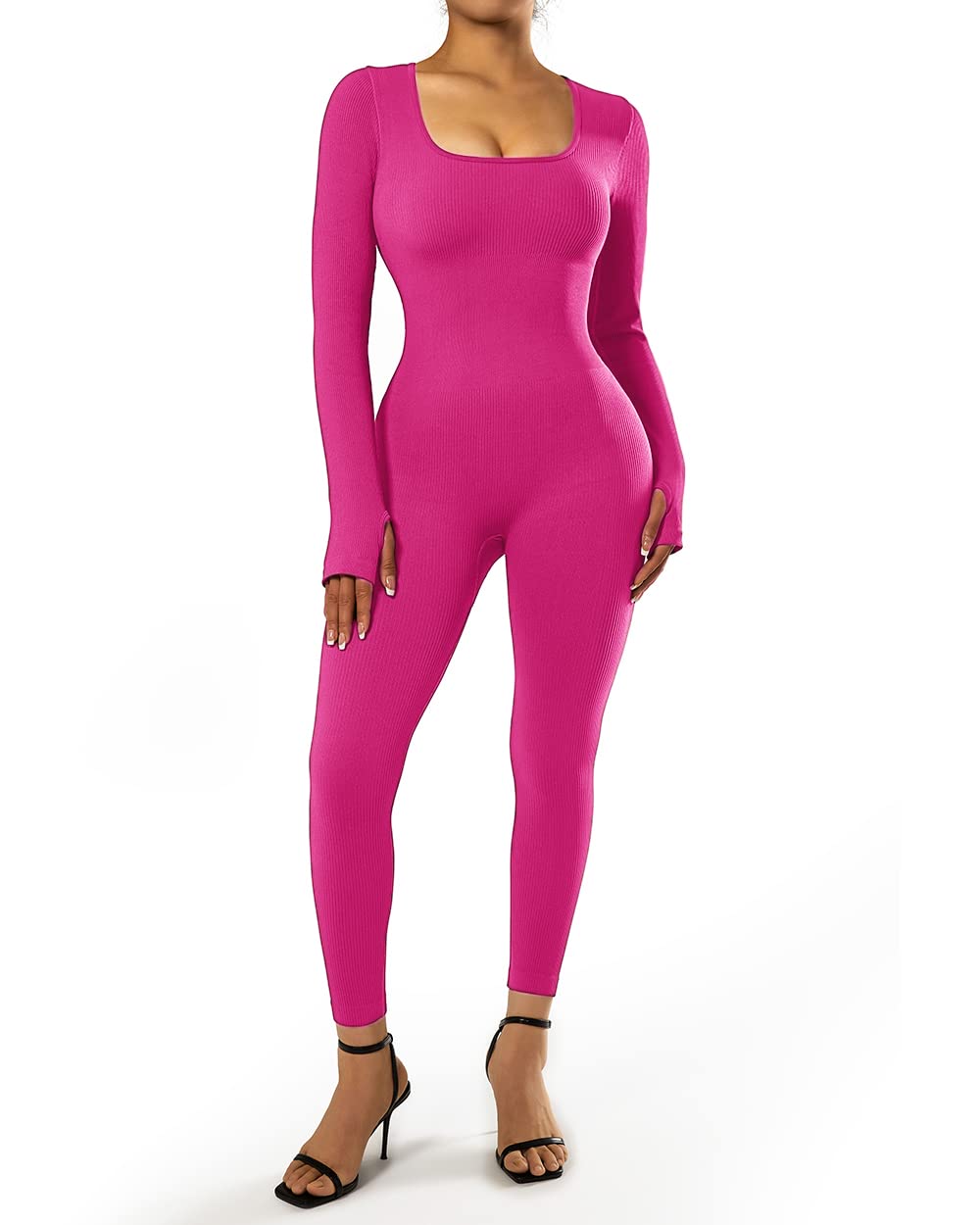 SUUKSESS Women Ribbed Stretchy One Piece Jumpsuits Yoga Long Sleeve Workout Jumpsuits (Hot Pink,S)