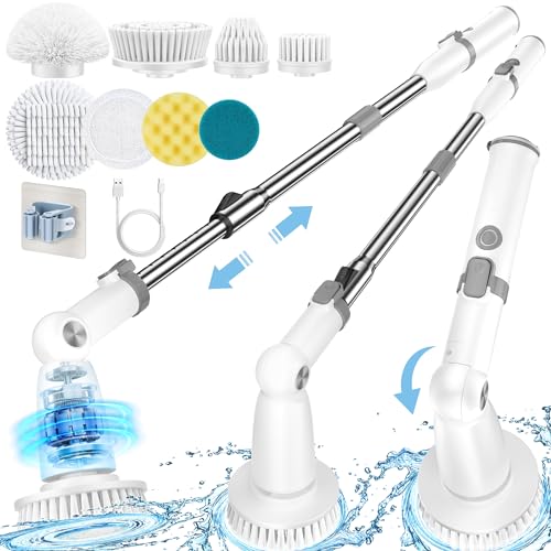 MABOGU Electric Spin Scrubber, Cordless Shower Scrubber with 8 Replaceable Brush Heads, Bathroom Scrubber Electric Dual Speeds, Shower Cleaning Brush with Extension Arm for Tub Tile Floor(Grey&White)