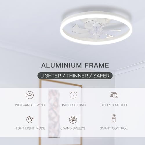 STERREN Ceiling Fans with Lights,20" Low Profile Ceiling Fan with Remote Control, Modern Flush Mount Ceiling Fan,White Fan Light for Bedroom, Living Room,Kitchen,Small LED Ceiling Light Fixture