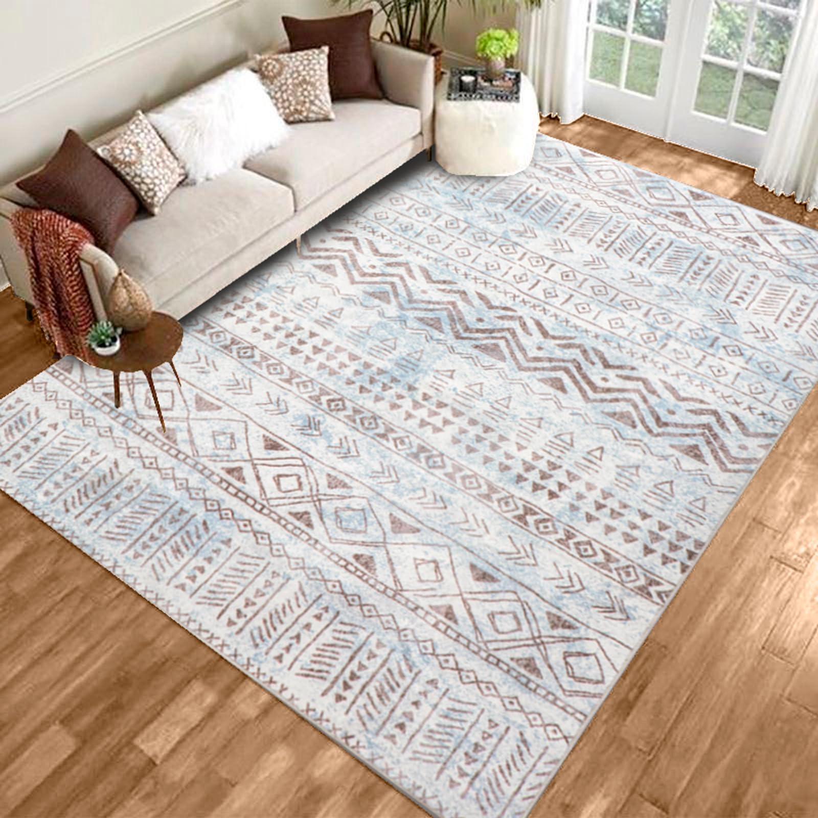 auruge Area Rug Vintage Boho Indoor Rugs Cozy & Fluffy Foldable Carpet Non-Slip Non Shedding & Machine Washable Rugs for Living Room Bedroom Dining Room,Beige & Blue,8x10