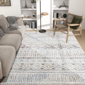 auruge Area Rug Vintage Boho Indoor Rugs Cozy & Fluffy Foldable Carpet Non-Slip Non Shedding & Machine Washable Rugs for Living Room Bedroom Dining Room,Beige & Blue,8x10