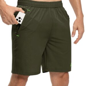 TBMPOY Men's Hiking Running 7" Shorts with Pockets Athletic Outdoor Sports Gym Running Short Zipper Pockets Army Green/Green L