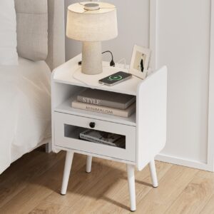 Masupu Nightstand with Charging Station,Mid-Century Modern Bedside Table with Storage Drawer and Open Wood Shelf,Small End Side Table with Glass Decorative Door for Bedroom,Living Room,White