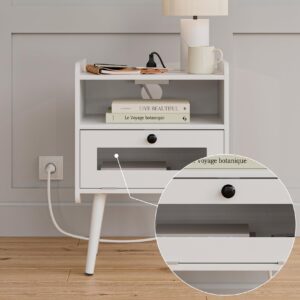 Masupu Nightstand with Charging Station,Mid-Century Modern Bedside Table with Storage Drawer and Open Wood Shelf,Small End Side Table with Glass Decorative Door for Bedroom,Living Room,White