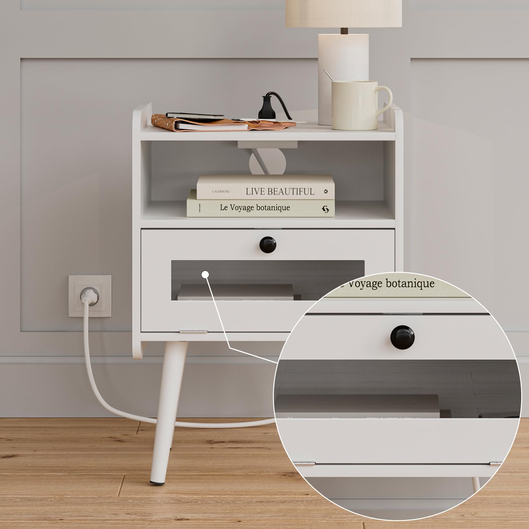 Masupu Nightstand with Charging Station,Mid-Century Modern Bedside Table with Storage Drawer and Open Wood Shelf,Small End Side Table with Glass Decorative Door for Bedroom,Living Room,White