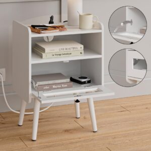 Masupu Nightstand with Charging Station,Mid-Century Modern Bedside Table with Storage Drawer and Open Wood Shelf,Small End Side Table with Glass Decorative Door for Bedroom,Living Room,White