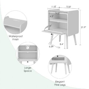 Masupu Nightstand with Charging Station,Mid-Century Modern Bedside Table with Storage Drawer and Open Wood Shelf,Small End Side Table with Glass Decorative Door for Bedroom,Living Room,White