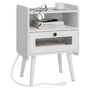 Masupu Nightstand with Charging Station,Mid-Century Modern Bedside Table with Storage Drawer and Open Wood Shelf,Small End Side Table with Glass Decorative Door for Bedroom,Living Room,White