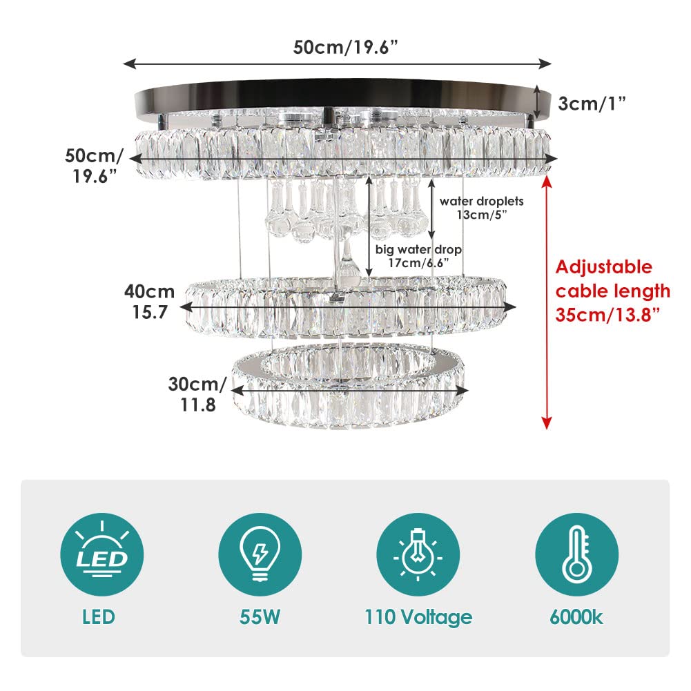 Finktonglan 19.7" Crystal Chandelier Modern LED Crystal Ceiling Light Fixture Flush Mount Ring Chandeliers for Bedroom Dining Room Living Room 6500K Cool White