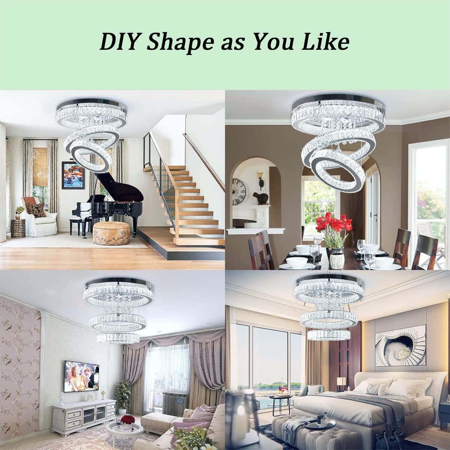 Finktonglan 19.7" Crystal Chandelier Modern LED Crystal Ceiling Light Fixture Flush Mount Ring Chandeliers for Bedroom Dining Room Living Room 6500K Cool White