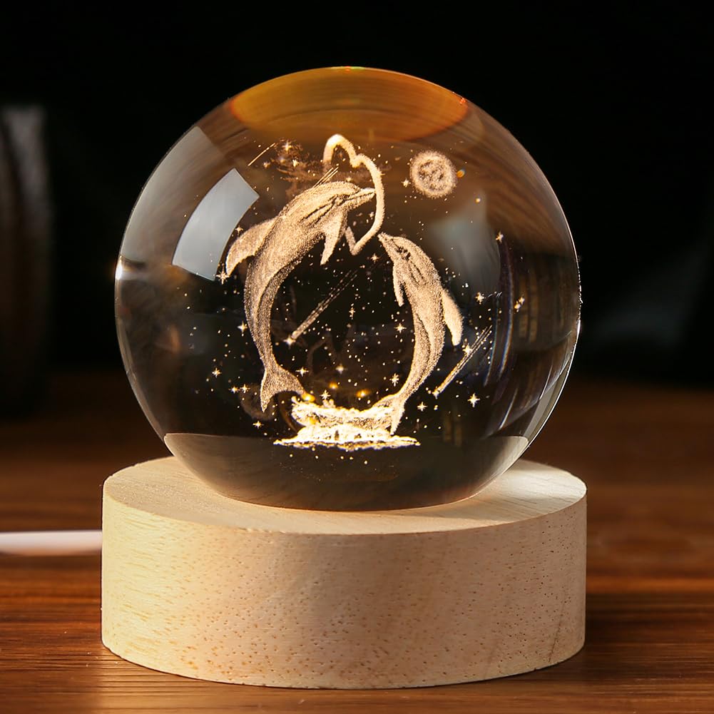 IFOLAINA Dolphin Gift 3D Dolphins Figurines in Crystal Ball 60mm Laser Engraved Glass Sphere Home Decor with Wooden Light Base