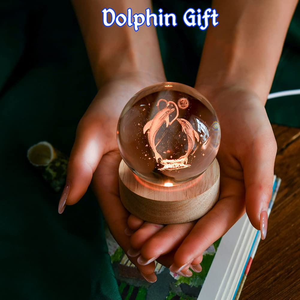 IFOLAINA Dolphin Gift 3D Dolphins Figurines in Crystal Ball 60mm Laser Engraved Glass Sphere Home Decor with Wooden Light Base