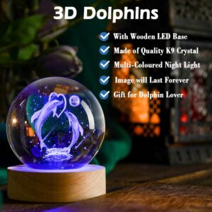 IFOLAINA Dolphin Gift 3D Dolphins Figurines in Crystal Ball 60mm Laser Engraved Glass Sphere Home Decor with Wooden Light Base