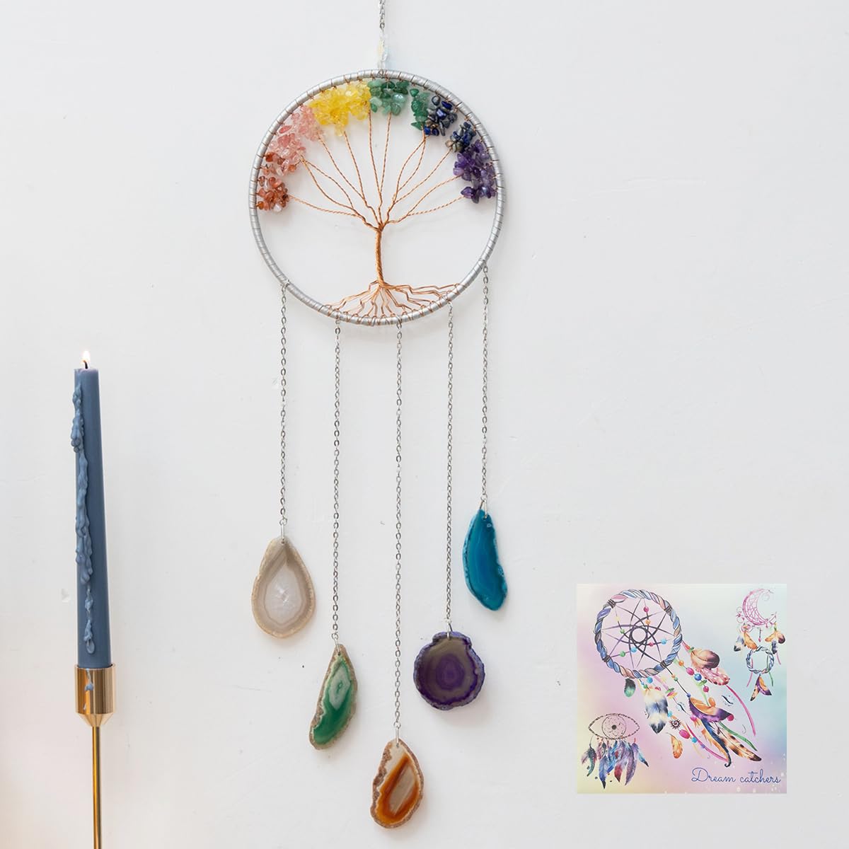 Gem Dream Catchers Agates 7 Chakra Gemstone Wall Hangings Tree of Life Meditation Ornament Home Chakra Feng Crystals Decor Stone…