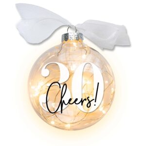 30th birthday lighted christmas ornament, cheers to 30 years gift for him & her, turning thirty years, transparent disc-shaped bauble with led fairy lights, battery operated