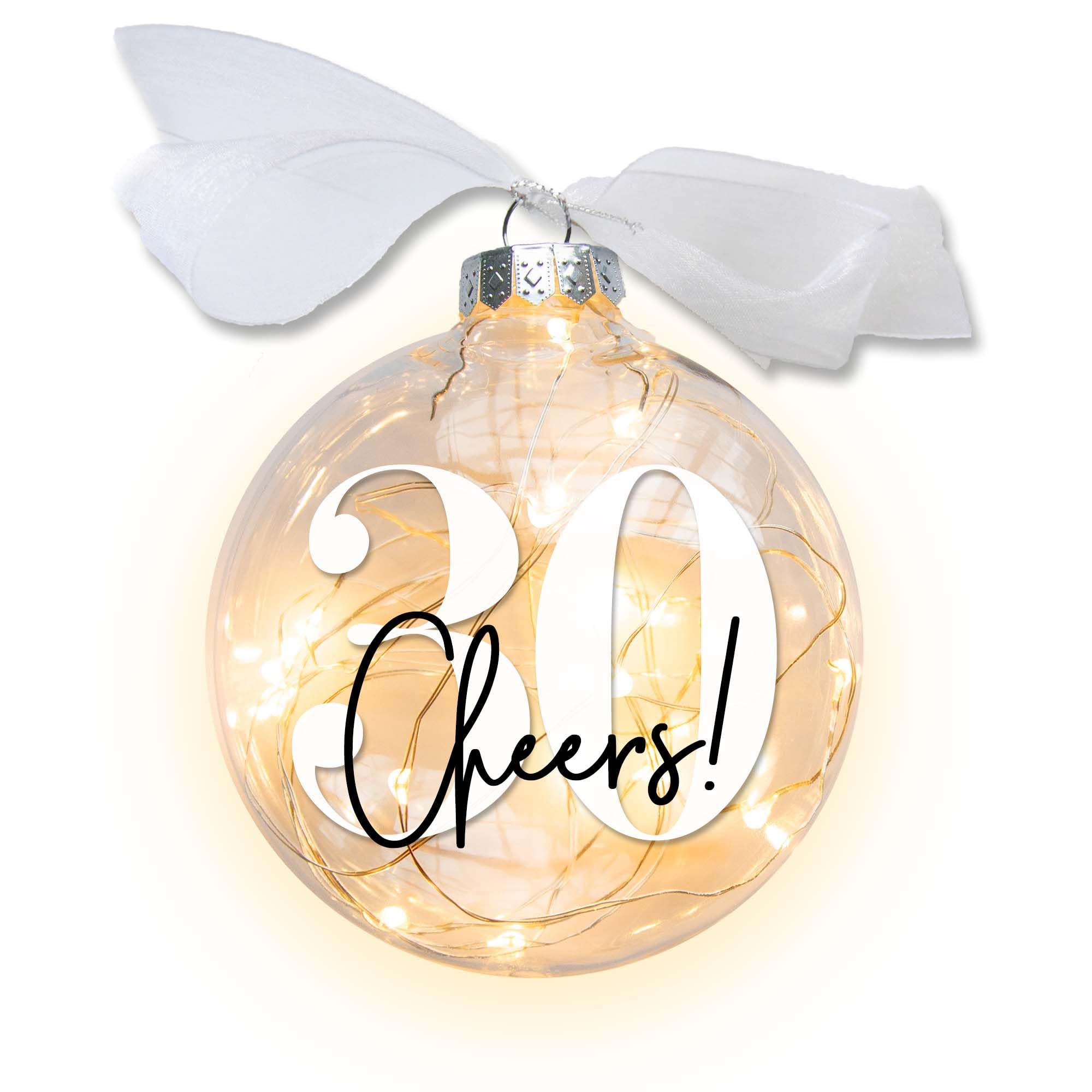 30th Birthday Lighted Christmas Ornament, Cheers to 30 Years Gift for Him & Her, Turning Thirty Years, Transparent Disc-Shaped Bauble with LED Fairy Lights, Battery Operated