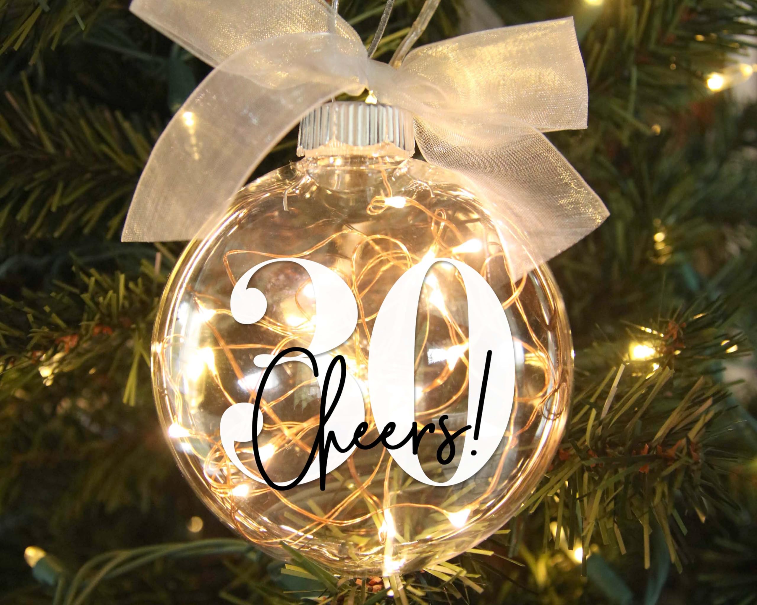 30th Birthday Lighted Christmas Ornament, Cheers to 30 Years Gift for Him & Her, Turning Thirty Years, Transparent Disc-Shaped Bauble with LED Fairy Lights, Battery Operated