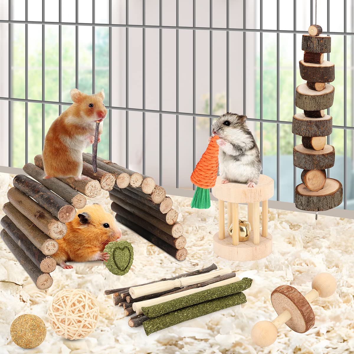 YIXUND Hamster Cage Accessories, 12 Different Chew Toys for Guinea Pig, Chinchillas, Gerbils, Mice, Rats, Mouse, Rabbit, Bunny Hideout Seesaw, Natural Molar Tools