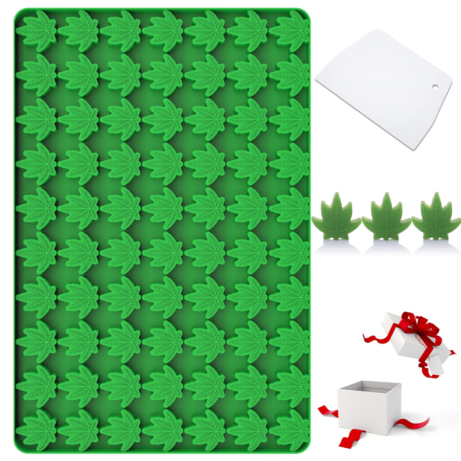 Marijuana Cannabis Hemp Leaf Silicone Molds with 70 Cavities Shaped for Pot Chocolate Candy Gummy, with Baking Scraper