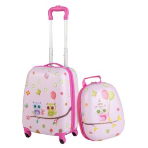 olakids kids luggage set, 16’’ carry on suitcase and 12’’ travel backpack with wheels for boys girls, 2 pcs rolling spinner trolley case gift for children toddlers (pink owl)