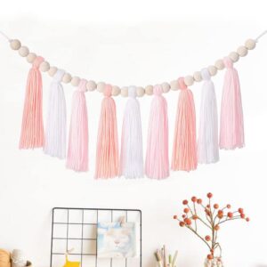 3PCS/Set Boho Tassel Garland, BetterJonny Boho Tassel Garland Tassel Wall Hanging Decor Pastel Tassel Banner with Wood Beads and 2Pcs Pom Pom Garland Felt Ball Garland for Home and Outdoor Decor