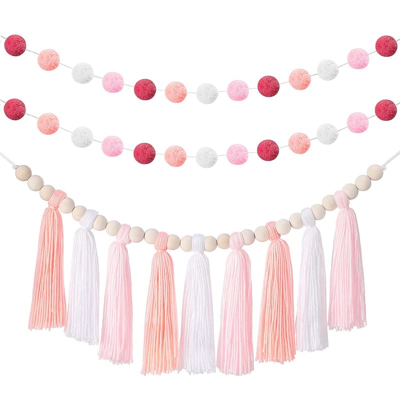 3PCS/Set Boho Tassel Garland, BetterJonny Boho Tassel Garland Tassel Wall Hanging Decor Pastel Tassel Banner with Wood Beads and 2Pcs Pom Pom Garland Felt Ball Garland for Home and Outdoor Decor