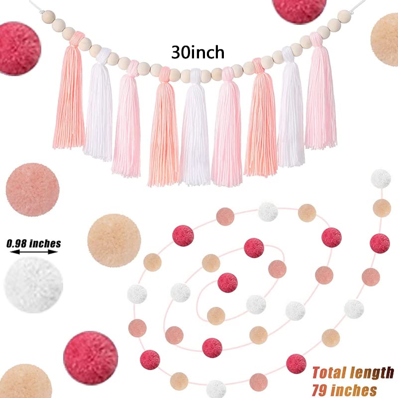 3PCS/Set Boho Tassel Garland, BetterJonny Boho Tassel Garland Tassel Wall Hanging Decor Pastel Tassel Banner with Wood Beads and 2Pcs Pom Pom Garland Felt Ball Garland for Home and Outdoor Decor