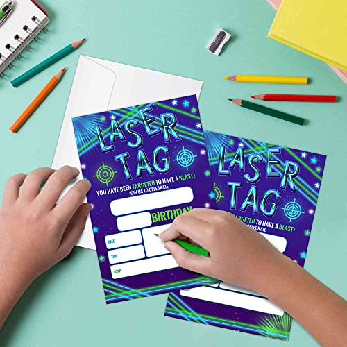 WUINCK Laser Tag Birthday Party Invitation Cards, Neon Laser Theme Party Invitations for Kids, Boys and Girls, Party Celebration Supplies, 20 Invitation with Envelopes - 0013